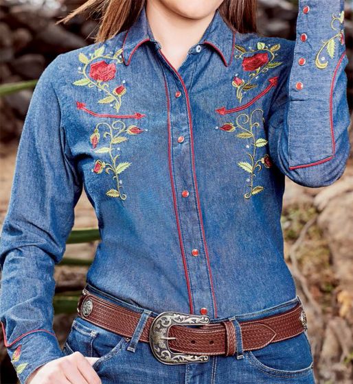 Modestone Women's Embroidered Long Sleeved Fitted Western Shirt Rose