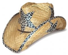 Modestone Men's Straw Cowboy Hat O/S Beige With Leopard Print Fabric