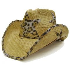Modestone Men's Straw Cowboy Hat With Fuzzy Leopard Print Fabric O/S Beige