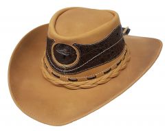 Modestone Men's Leather Cowboy Hat Leather Crocodile Skin Pattern Applique Tan