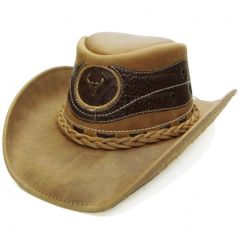 Modestone Men's Leather Cowboy Hat Crocodile Skin Pattern Applique Tan