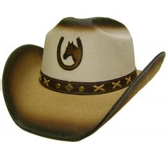 Modestone Boy's Straw Cowboy Hat Horseshoe & Horse Head XS Beige & Light Beige