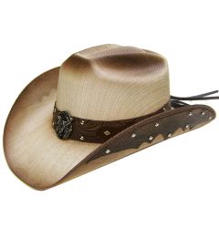 Modestone Men's Straw Cowboy Hat Metal Bull Skull & Feathers Concho Studs Hatband Tan