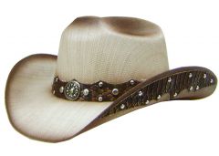 Modestone Straw Cowboy Hat Metal Bull Skull & Feathers Concho Hatband Tan