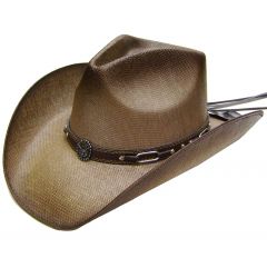Modestone Men's Straw Cowboy Hat Metal Longhorn Bull Head Concho & Chain Links Hatband Brown
