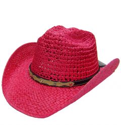 Modestone Girl's Straw Cowboy Hat Metal Conchos Faux Leather Hatband XS Fushia