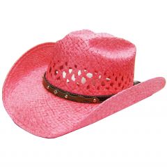 Modestone Girl's Straw Breezer Cowboy Hat Metal Conchos Faux Leather Hatband XS Pink
