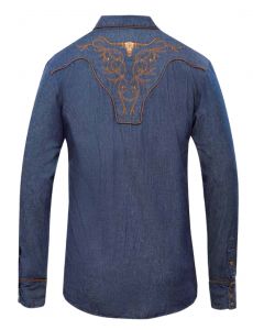 Modestone Men's Embroidered Long Sleeved Shirt Filigree Longhorn Bull Blue