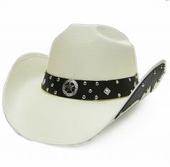 Modestone Unisex Cowboy Hat Side Brim Leather Look Appliques White