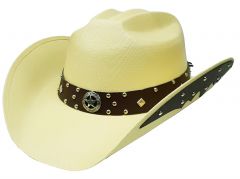 Modestone Unisex Cowboy Hat Side Brim Leather Look Appliques Light Tan