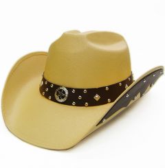 Modestone Men's Cowboy Hat Side Brim Leather Look Appliques Tan