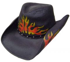 Modestone Straw Cowboy Hat Hand Painted Hot Rod Flames Size:Medium Black