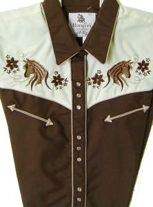 Modestone Men's Cowboy Horse Embroidered Fitted Western Shirt Beige & Brown