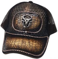 Modestone Western Snapback Ball Cap Metal Bull Skull Feathers ''Faux Crocodile''