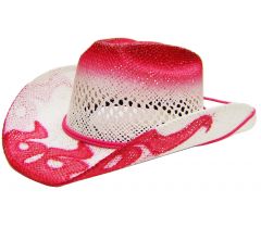 Modestone Girl's Straw Cowboy Hat With "Hot Rod" Flames XS White & Pink