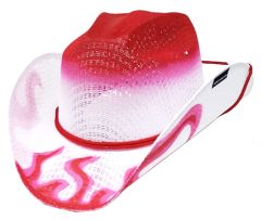 Modestone Girl's Straw Cowboy Hat ''Hot Rod'' Flames White & Pink Chinstring