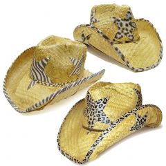 Modestone Value Pack 2 X Light Party Star Animal Print Straw Cowboy Hats Beige