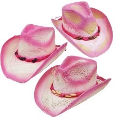 Modestone Value Pack 2 X Light Party Straw Cowboy Hats Beaded Hatband Pink