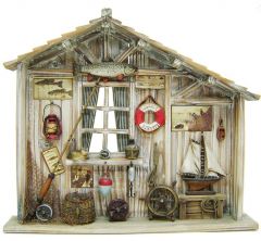 Modestone 17 1/2" X 15 1/2" Antiqued Decorative Fishing Cabin Classic Rod & Reel