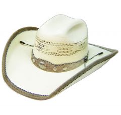 Modestone Straw Cowboy Hat Genuine Cow Leather "Hair On" Trim & Hatband White