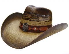 Modestone Men's Straw Cowboy Hat Metal Bull Skull & Feathers Concho Studs Hatband Brown