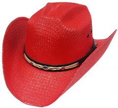 Modestone Unisex Straw Cowboy Hat Leather-Like Hatband Red