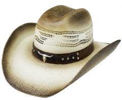 Modestone Traditional Rodeo Straw Cowboy Hat Bull Head & Studs Hatband Beige