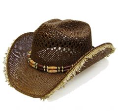 Modestone Men's Straw Cowboy Hat Fuzzy Straw Fringe Brown