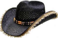 Modestone Men's Straw Cowboy Hat Fuzzy Straw Fringe Black & Beige
