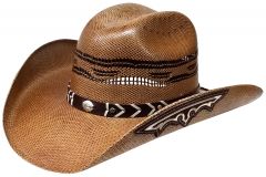 Modestone Unisex Straw Cowboy Hat Bangora Embroidered Appliques on Brim Beige