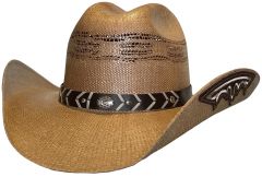 Modestone Unisex Straw Cowboy Hat Bangora Embroidered Appliques on Brim Beige