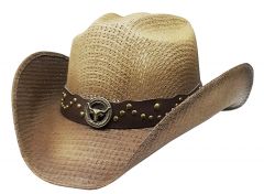 Modestone Unisex Straw Cowboy Hat Bull Concho 2Tone Beige Brown