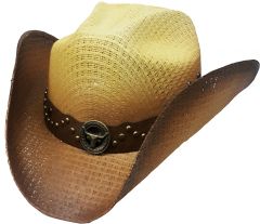 Modestone Unisex Straw Cowboy Hat Bull Concho 2Tone Beige Brown