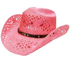 Modestone Women's Straw Cowboy Hat Breezer Faux Leather Hatband Pink