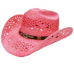 Modestone Women's Straw Cowboy Hat Breezer Sheriff Star Faux leather Hatband Pink