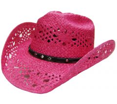 Modestone Women's Straw Cowboy Hat Breezer Faux Leather Hatband Fushia