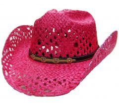 Modestone Women's Straw Cowboy Hat Breezer Beaded Claws Hatband Fushia