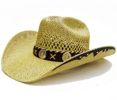Modestone Men's Twisted Toyo Open Weave Large Brim Straw Cowboy Hat Light Yellow
