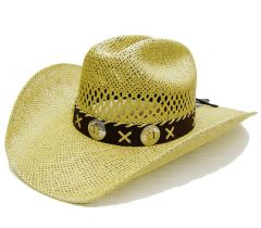 Modestone Men's Twisted Toyo Open Weave Large Brim Cowboy Hat Light Yellow
