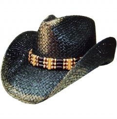 Modestone Unisex Weathered Look Straw Cowboy Hat Black & Beige