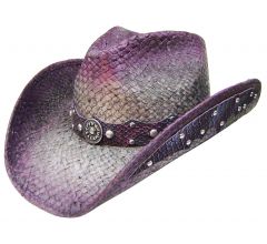 Modestone Straw Cowboy Hat Leather-Like Appliques Purple