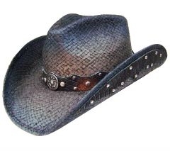 Modestone Straw Cowboy Hat Leather-Like Appliques Blue