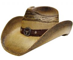 Modestone Men's Straw Cowboy Hat Metal Longhorn Bull Head Concho & Studs Hatband Brown