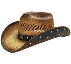 Modestone Men's Straw Cowboy Hat Metal Concho Studs Hatband Tan