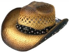 Modestone Straw Cowboy Hat Breezer Rhinestones Metal Cross Studs Hatband Appliques Tan