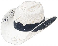 Modestone Straw Cowboy Hat Breezer Metal Floral & Studs Appliques Brim White