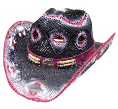 Modestone Women's Straw Cowboy Hat White Fuchsia Black