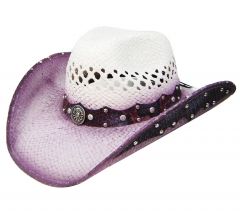 Modestone Straw Breezer Cowboy Hat Leather-Like Appliques Purple