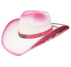 Modestone Straw Cowboy Hat Leather-Like Appliques Pink