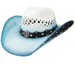 Modestone Straw Breezer Cowboy Hat Leather-Like Appliques Blue